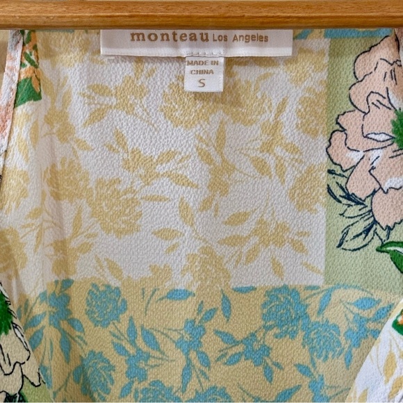 monteau| Los Angeles Floral V-Neck Spaghetti Strap Bow Top Green & Cream Sz S - Picture 3 of 5